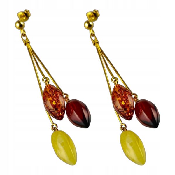 Kolczyki złote z bursztynem - piękne wiszące kolczyki na sztyft - srebro pozłacane
