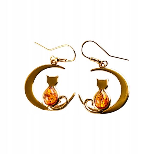 KOLCZYKI ZŁOTE KOT na KSIĘŻYCU z Bursztynem PIĘKNE Srebro Pozłacane Cert
