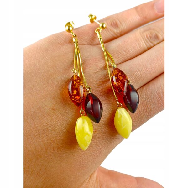 Kolczyki złote z bursztynem - piękne wiszące kolczyki na sztyft - srebro pozłacane