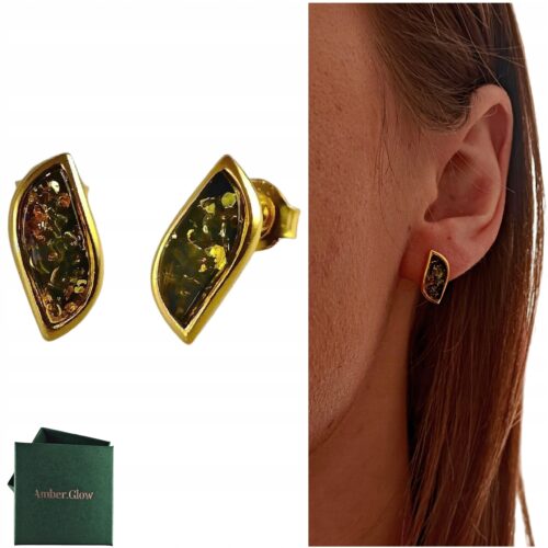 KOLCZYKI ZŁOTE z CERTYFIKOWANYM BURSZTYNEM Piękne Sztyft Srebro Pozłacane