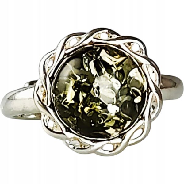 Pierścionek srebrny z bursztynem - okrągły delikatny