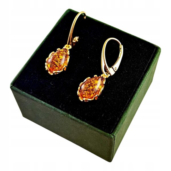 KOLCZYKI ZŁOTE z CERTYFIKOWANYM Bursztynem WISZĄCE PIĘKNE Srebro Pozłacane