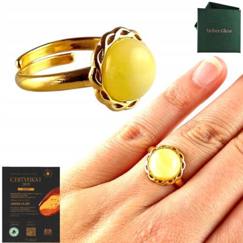 PIERŚCIONEK ZŁOTY MODNY z Bursztynem SREBRO 925 Pozłacane Regulowany PIĘKNY