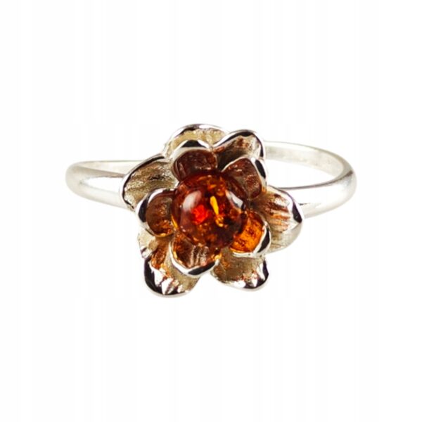 Pierścionek srebrny z bursztynem - kwiatek