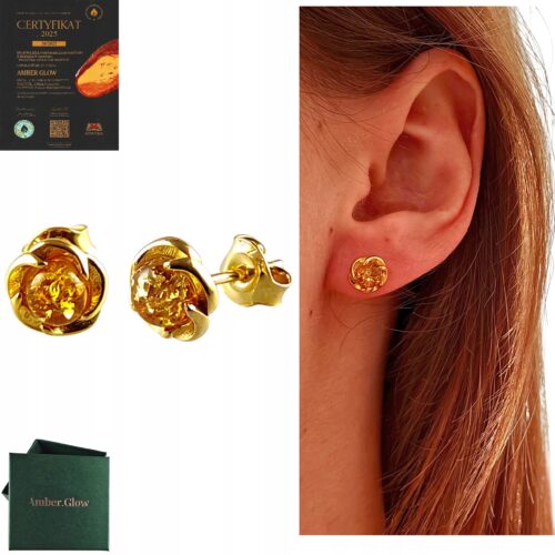 KOLCZYKI ZŁOTE z CERTYFIKOWANYM BURSZTYNEM Srebro Pozłacane 925 ŚLICZNE
