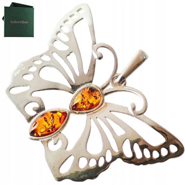 32d758e8d969d96ab3c8e1d087014c82.jpg WISIOREK SREBRNY z CERTYFIKOWANYM BURSZTYNEM PIĘKNY DUŻY MOTYL SREBRO 925