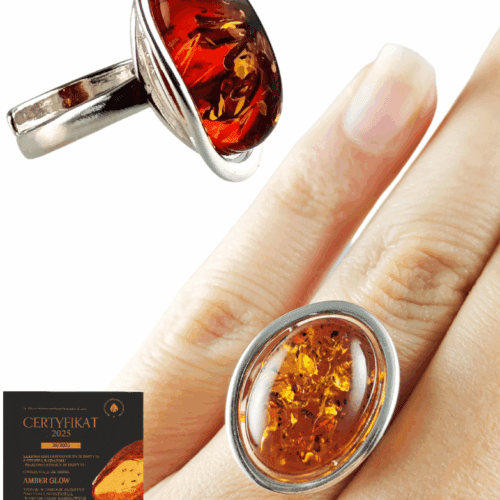 Pierścionek srebrny z bursztynem - owalny klasyczny