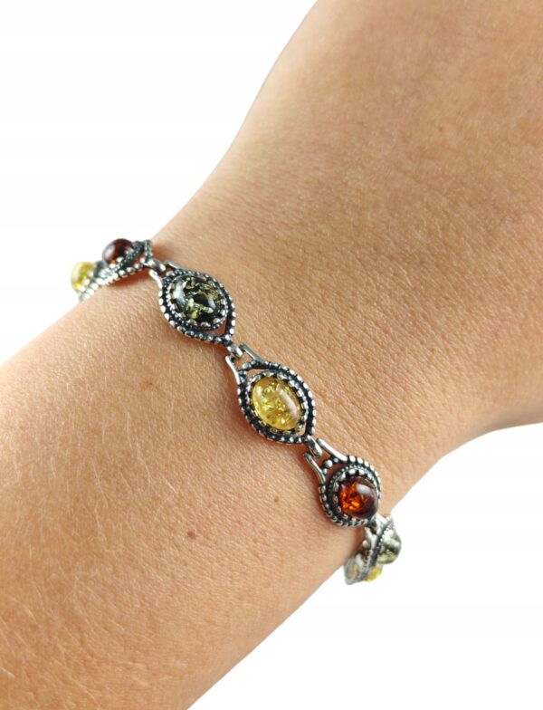 Bransoletka srebrna oksydowana z bursztynem - kolorowa - delikatna piękna
