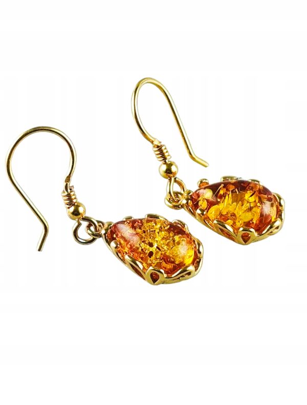 Kolczyki złote z bursztynem z koronkowym zdobieniem - srebro pozłacane