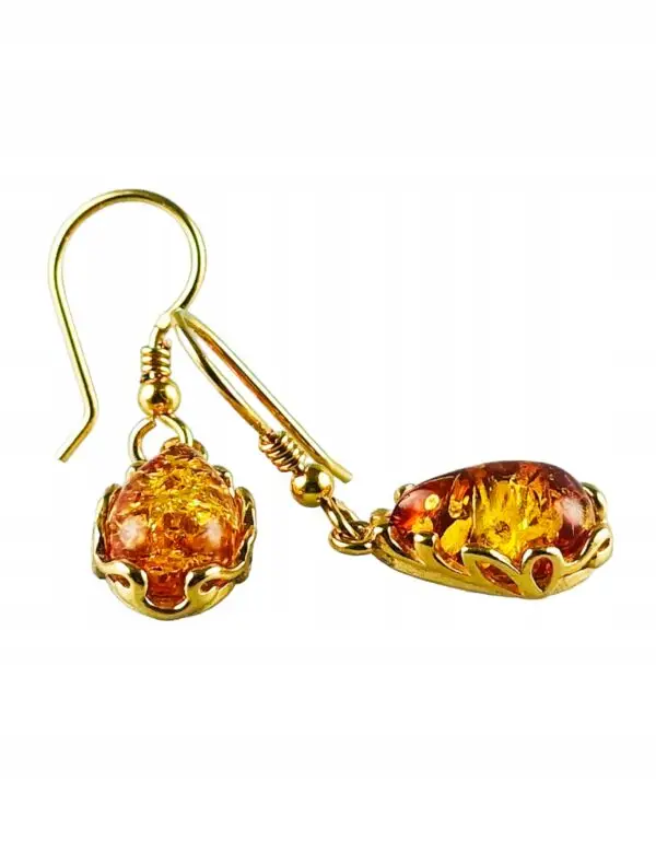 Kolczyki złote z bursztynem z koronkowym zdobieniem - srebro pozłacane