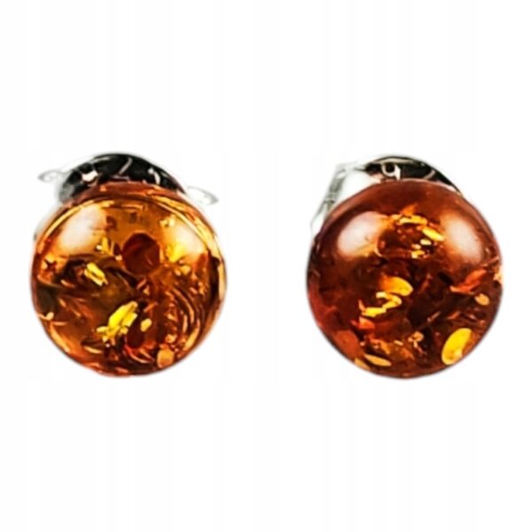 Kolczyki srebrne bursztynowe okrągłe - koniakowy bursztyn