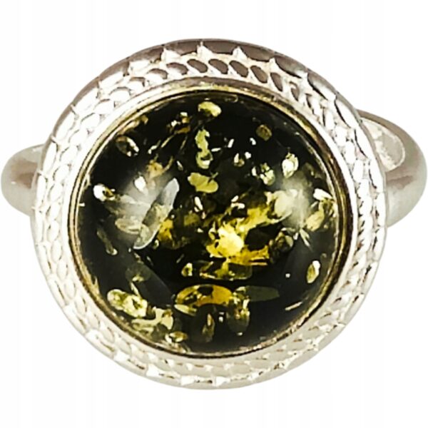 Pierścionek srebrny z bursztynem - okrągły