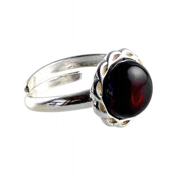 Pierścionek srebrny regulowany z wiśniowym bursztynem - okrągły delikatny