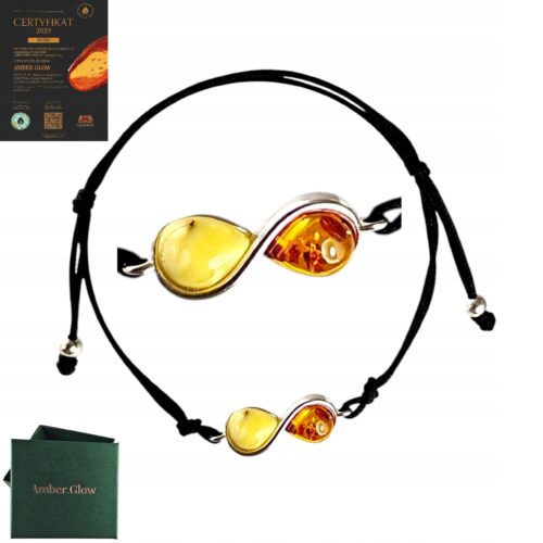 BRANSOLETKA SREBRNA na Sznurku NIESKOŃCZONOŚĆ z CERTYFIKOWANYM Bursztynem