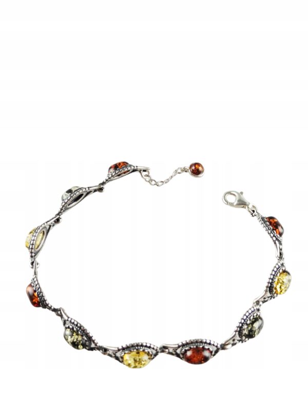 Bransoletka srebrna oksydowana z bursztynem - kolorowa - delikatna piękna