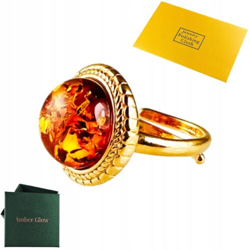 Pierścionek srebrny pozłacany z bursztynem - okrągły