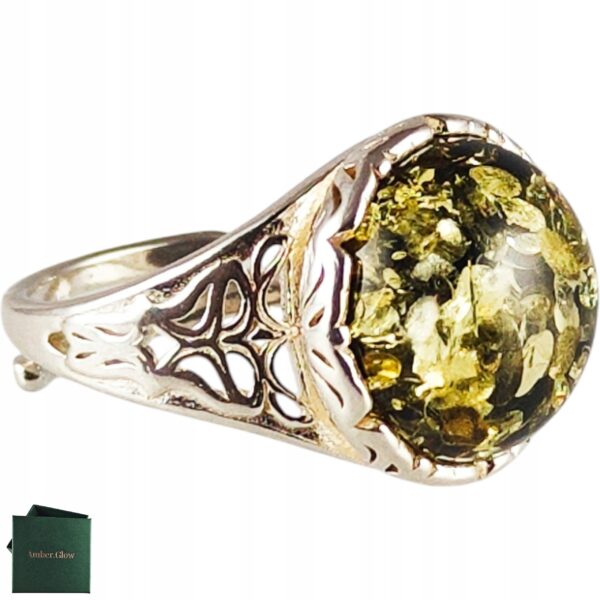 Pierścionek srebrny z bursztynem - okrągły z ażurowym zdobieniem