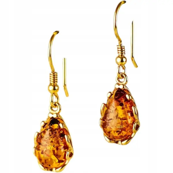 Kolczyki złote z bursztynem z koronkowym zdobieniem - srebro pozłacane