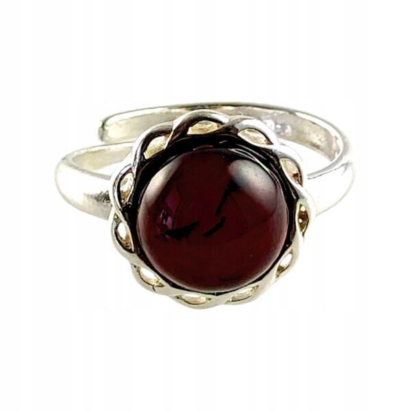 Pierścionek srebrny regulowany z wiśniowym bursztynem - okrągły delikatny