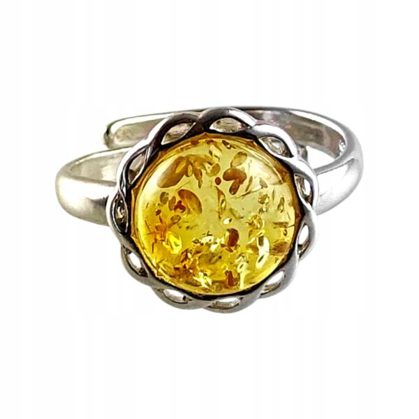 Pierścionek srebrny regulowany z cytrynowym bursztynem - okrągły delikatny
