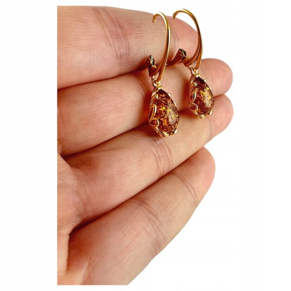 KOLCZYKI ZŁOTE z CERTYFIKOWANYM Bursztynem WISZĄCE PIĘKNE Srebro Pozłacane