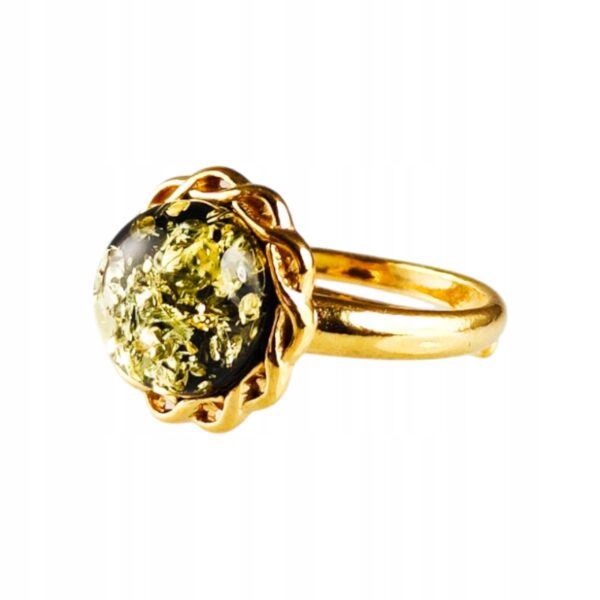 Pierścionek srebrny pozłacany z bursztynem - okrągły delikatny