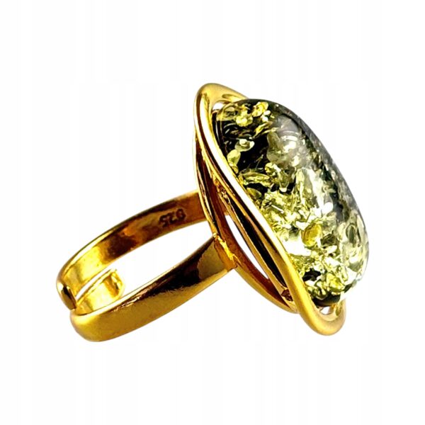 Pierścionek złoty regulowany z zielonym bursztynem - owalny klasyczny - srebro pozłacane