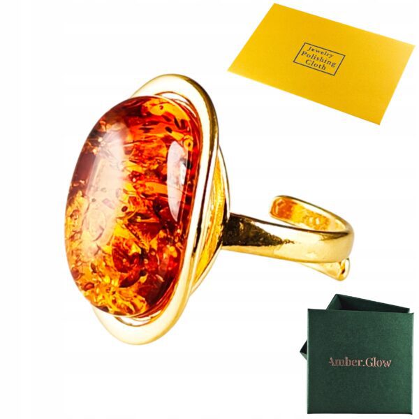 Pierścionek srebrny pozłacany z bursztynem - owalny klasyczny