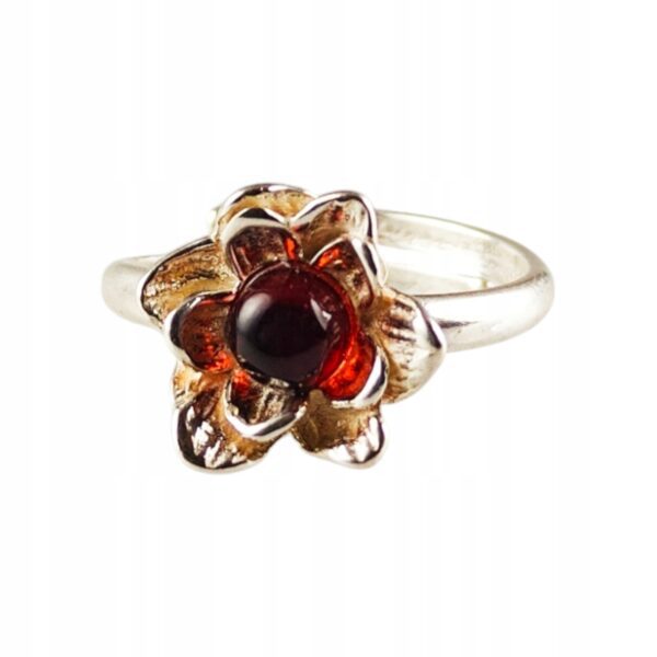 Pierścionek srebrny z bursztynem - kwiatek
