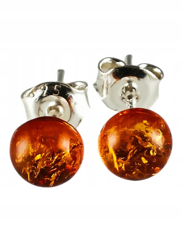 Kolczyki srebrne bursztynowe okrągłe - koniakowy bursztyn
