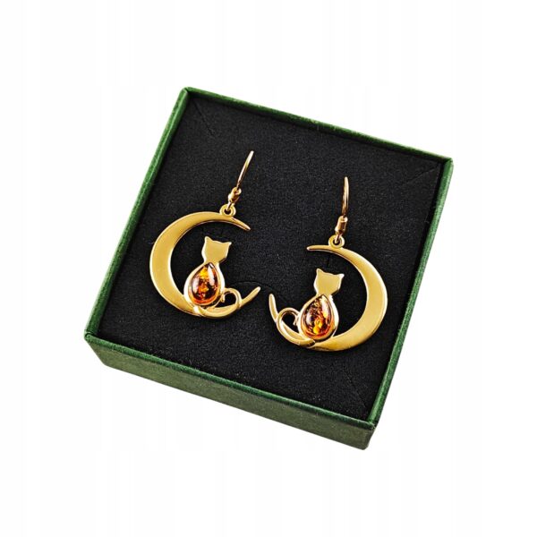 KOLCZYKI ZŁOTE KOT na KSIĘŻYCU z Bursztynem PIĘKNE Srebro Pozłacane Cert