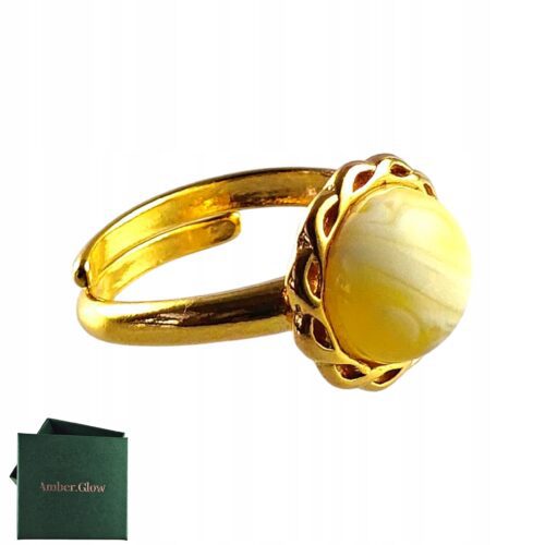 Pierścionek srebrny pozłacany z mlecznym bursztynem - okrągły delikatny - regulowany