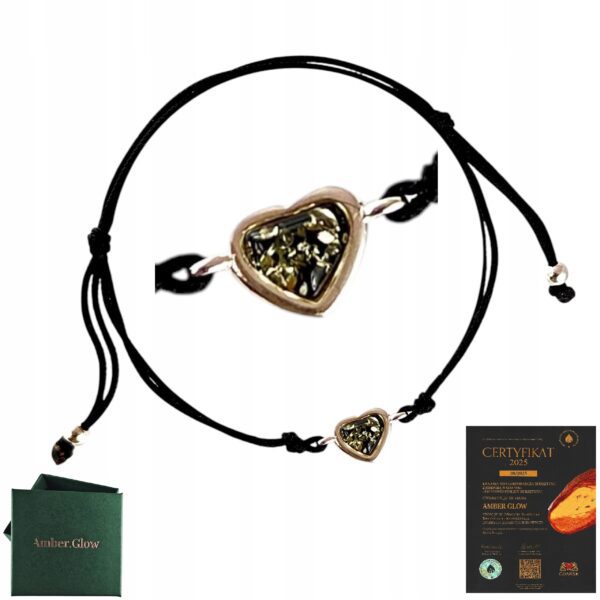 816874483b702b5af1da9379087e1f8a.jpg BRANSOLETKA SREBRNA na Sznurku SERDUSZKO z CERTYFIKOWANYM Bursztynem PIĘKNA