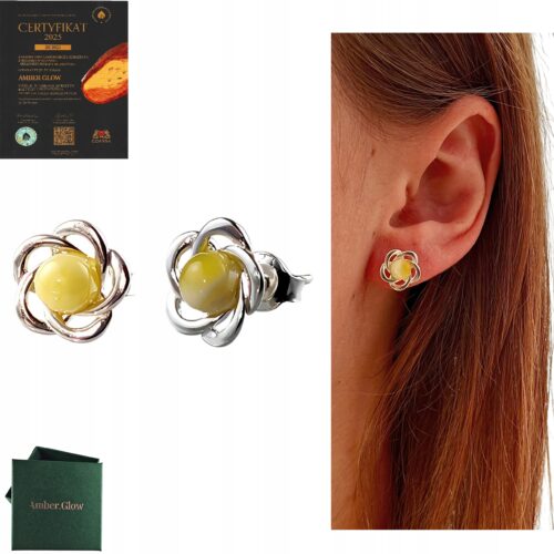 KOLCZYKI SREBRNE z CERTYFIKOWANYM Bursztynem ŚLICZNE Sztyft SREBRO 925