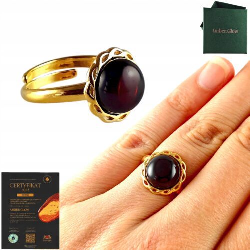 PIERŚCIONEK ZŁOTY MODNY z Bursztynem SREBRO 925 Pozłacane Regulowany PIĘKNY