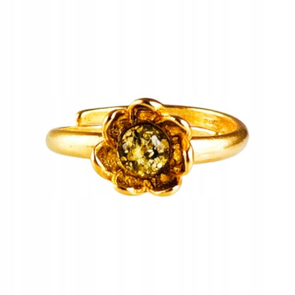 Pierścionek srebrny pozłacany z bursztynem - kwiatek