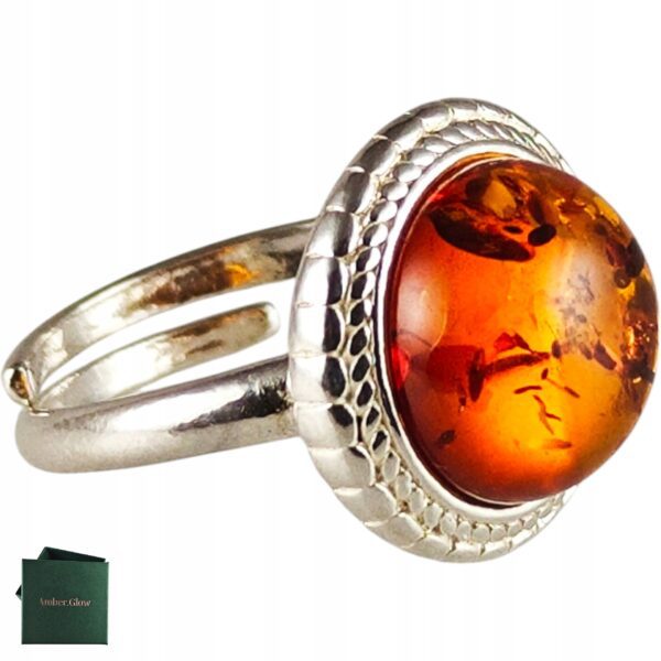 Pierścionek srebrny z bursztynem - okrągły