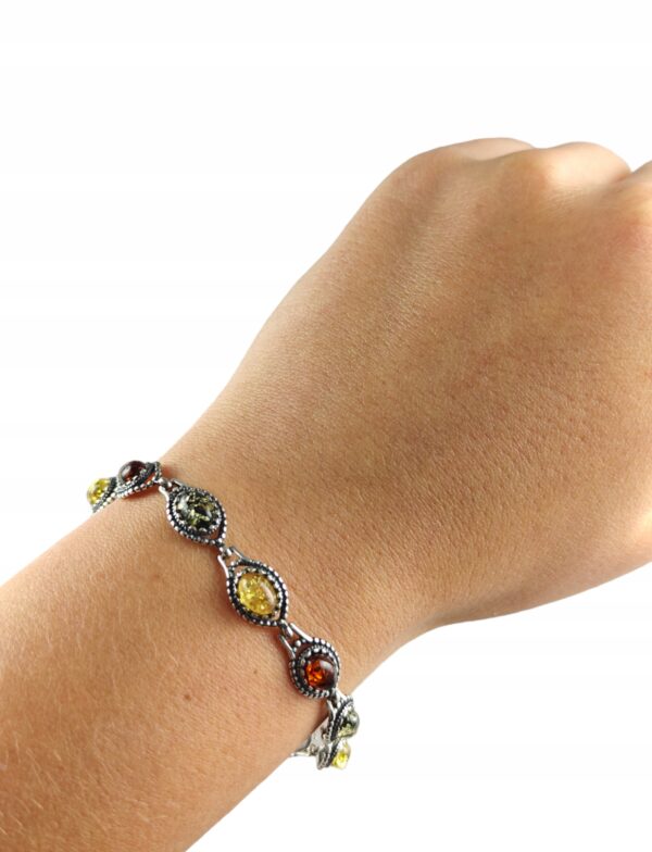 Bransoletka srebrna oksydowana z bursztynem - kolorowa - delikatna piękna