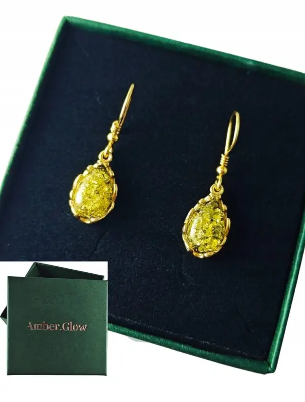 Kolczyki złote z bursztynem z koronkowym zdobieniem - srebro pozłacane