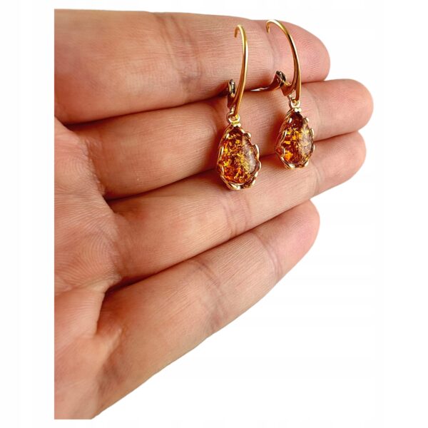 KOLCZYKI ZŁOTE z CERTYFIKOWANYM Bursztynem WISZĄCE PIĘKNE Srebro Pozłacane