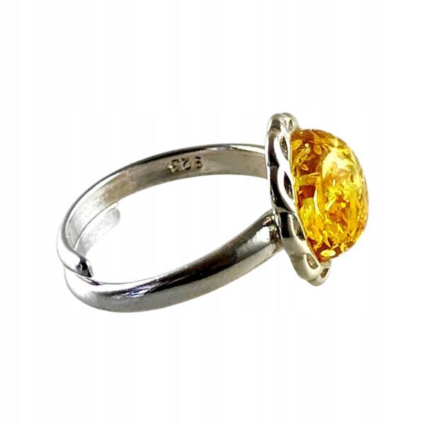 Pierścionek srebrny regulowany z cytrynowym bursztynem - okrągły delikatny