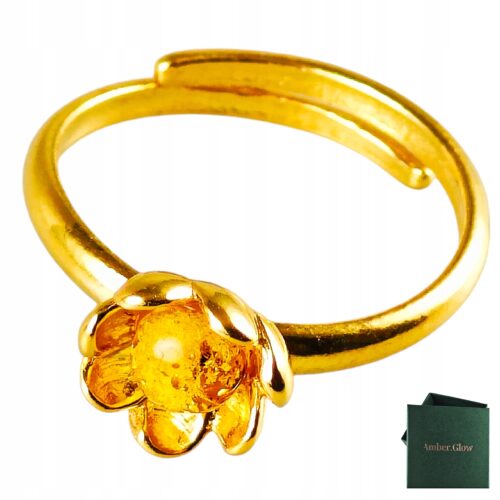 Pierścionek srebrny pozłacany z bursztynem - kwiatek