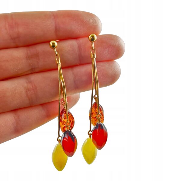 Kolczyki złote z bursztynem - piękne wiszące kolczyki na sztyft - srebro pozłacane