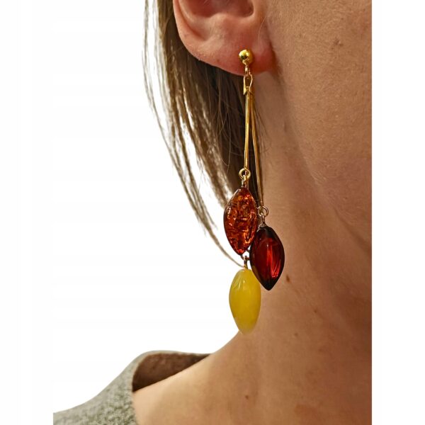 Kolczyki złote z bursztynem - piękne wiszące kolczyki na sztyft - srebro pozłacane