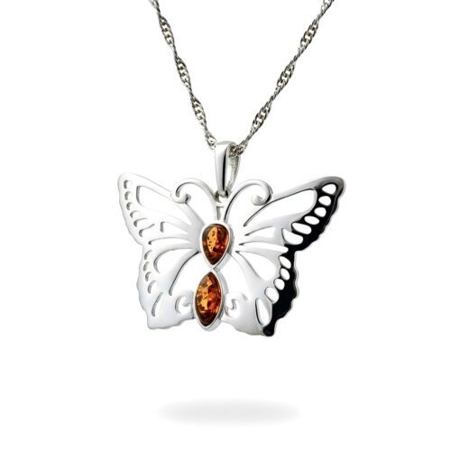 WISIOREK SREBRNY z CERTYFIKOWANYM BURSZTYNEM PIĘKNY DUŻY MOTYL SREBRO 925