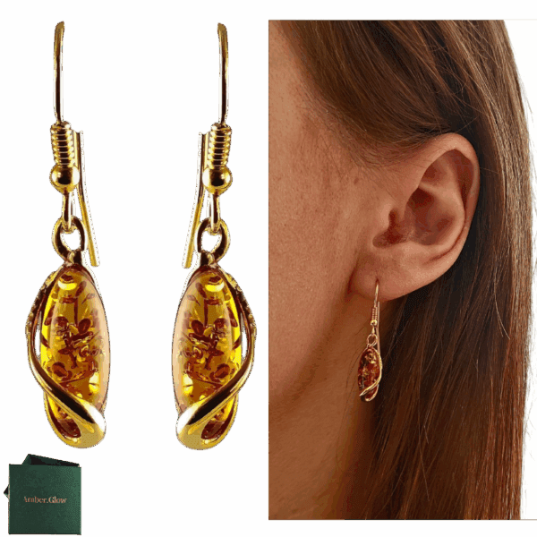 Kolczyki srebrne pozłacane z bursztynem