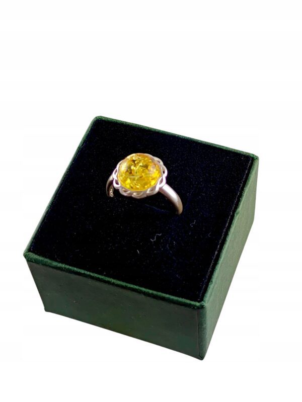 Pierścionek srebrny regulowany z cytrynowym bursztynem - okrągły delikatny