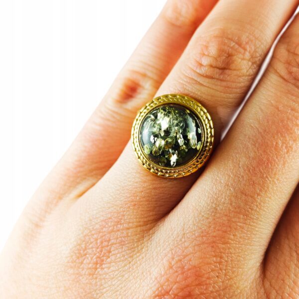 Pierścionek srebrny pozłacany z bursztynem - okrągły