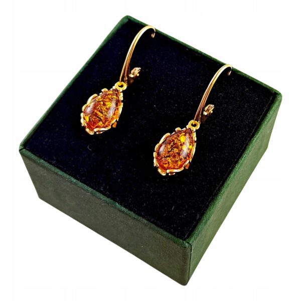 KOLCZYKI ZŁOTE z CERTYFIKOWANYM Bursztynem WISZĄCE PIĘKNE Srebro Pozłacane