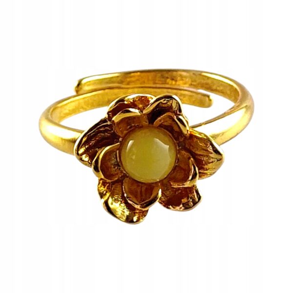 Pierścionek srebrny pozłacany z mlecznym bursztynem - kwiatek - regulowany